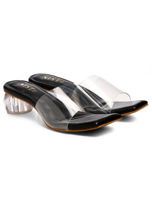 GNIST Black Toe Strap Transparent Clear Block Heels